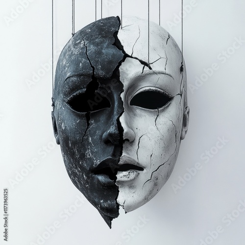 A cracked black and white mask symbolizes duality and contrasts, hanging by strings.