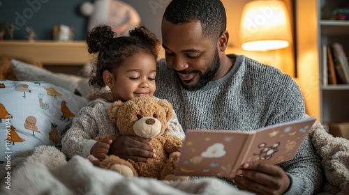 Father reading a bedtime story to his young daughter, who is cuddled under a soft blanket