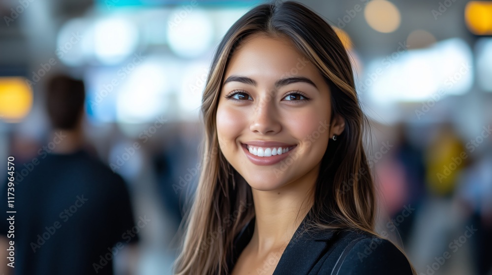 A close-up of a smiling young woman in a bustling airport, exuding joy and anticipation. The blurred background captures vibrant airport activity and dynamic energy.
A close-up of a smiling young woman in a bustling airport, exuding joy and anticipation. The blurred background captures vibrant airport activity and dynamic energy.