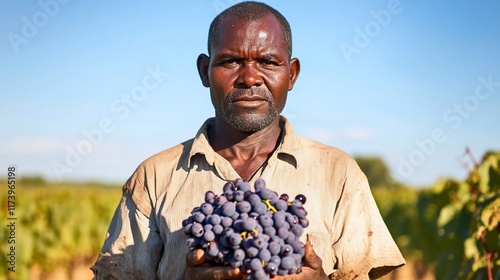African farmer proudly displays harvested grapes.
