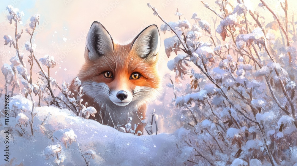 Fototapeta premium Red Fox Emerging From Snowy Winter Bush