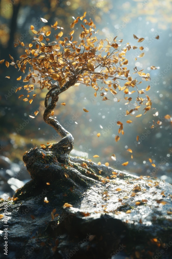 Fototapeta premium Natural elements showcase a serene moment with a tree swaying gently in the wind amidst a misty atmosphere