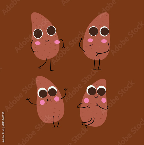 Illustration of cute and smiling sweet potatoes with expressive faces, each in a unique pose, drawn in a flat and minimalistic style. 