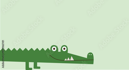 Minimalistic flat design of a green crocodile, showcasing a playful and friendly appearance. The crocodile features simple shapes, a soft pastel green background, and a whimsical smile
