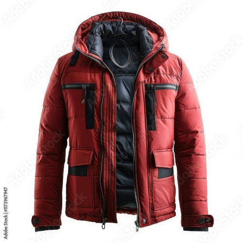 Red hooded puffer jacket with multiple pockets and a black inner lining, ideal for winter. photo