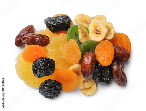 Mix of different dried fruits isolated on white, top view