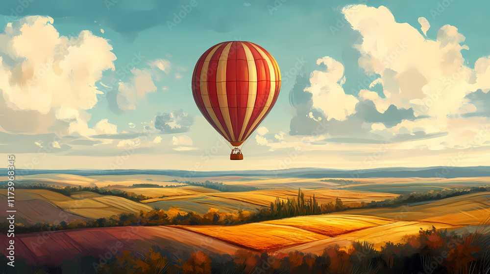 Obraz premium Majestic hot air balloon gliding over scenic patchwork fields. Skybound. Illustration