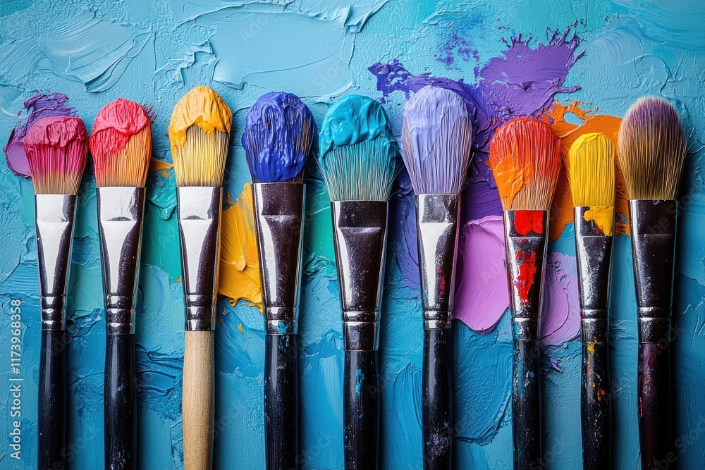 Fototapeta premium Vibrant Still Life of Paintbrushes and Colorful Acrylic Paint