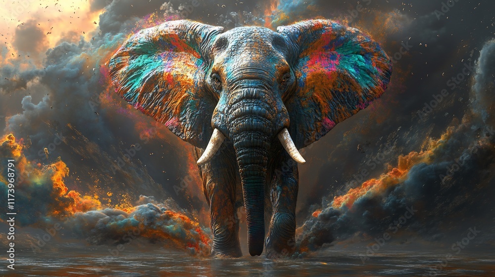 Fototapeta Colorful painted elephant emerging from stormy clouds.