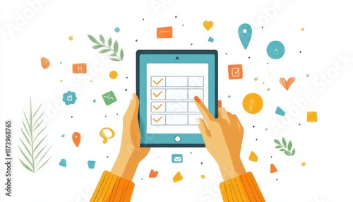 User Inputting Feedback on Online Survey Form Using Tablet for Evaluation and Rating