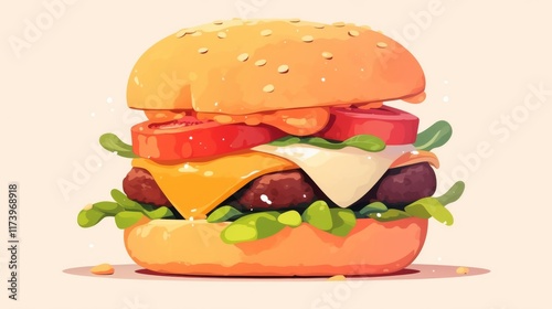 Fast food layered burger vector cartoon illustration, colorful and detailed clip art, tasty, food concept, fast food, burger layers, delicious, junk food, fast meal, snack, illustration of burger
