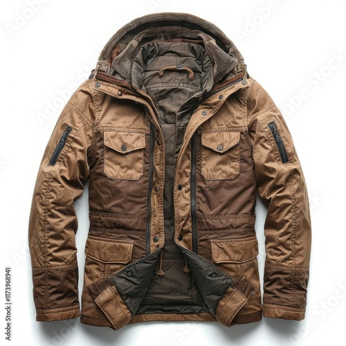 A brown and tan hooded winter jacket with multiple pockets and a quilted inner lining.  Durable and warm. photo