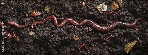 Rich dark soil teeming with life shows crumbly texture, moisture, and earthworms for environmental realism