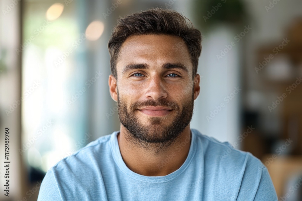 Handsome cheerful young African man smiling in light blue shirt portrait with natural lighting and soft background Handsome cheerful young African man smiling in light blue shirt portrait with natural lighting and soft background