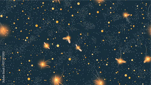 Minimalist style abstract with pastel colors featuring fireflies in a night scene