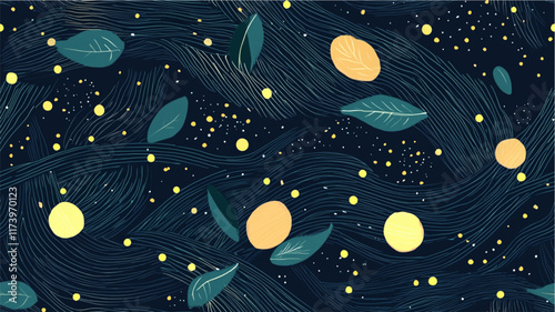 Minimalist style abstract with pastel colors featuring fireflies in a night scene