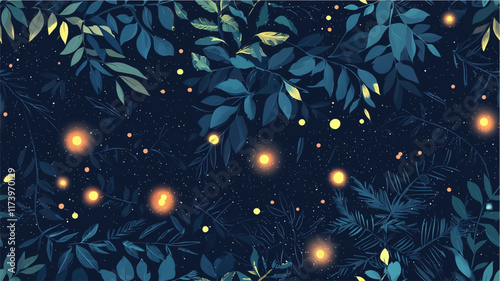 Minimalist style abstract with pastel colors featuring fireflies in a night scene