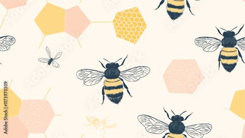 Pastel seamless pattern minimalist abstract bee illustration with honeycomb design