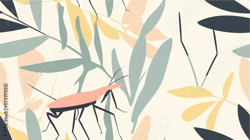 Pastel seamless pattern with abstract minimalist mantis illustration