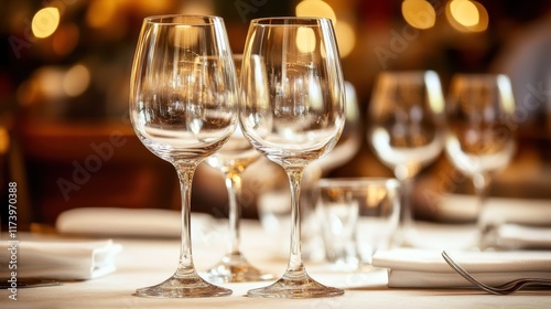 Close-up of wine glasses on table at formal event