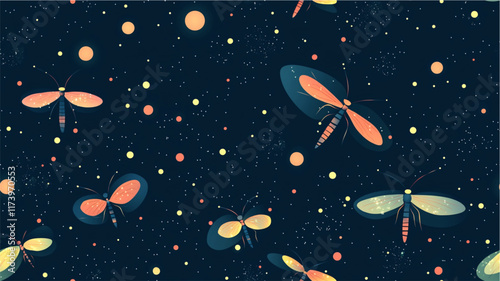 Pastel seamless pattern with fireflies in minimalist modern illustration