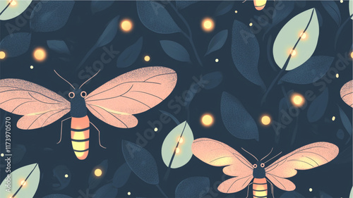 Pastel seamless pattern with fireflies in minimalist modern illustration