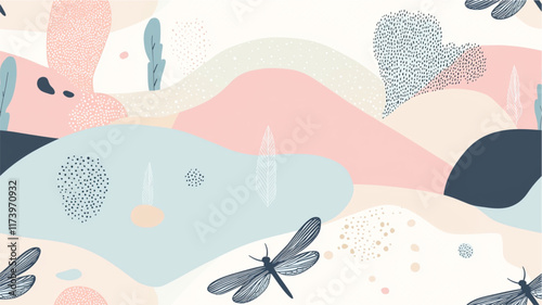 Modern flat illustrations of dragonflies in abstract landscapes