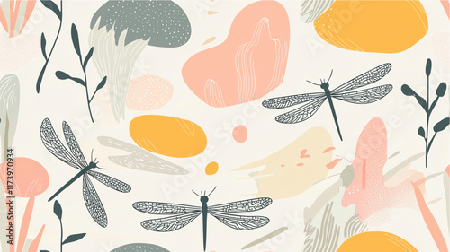 Modern flat illustrations of dragonflies in abstract landscapes