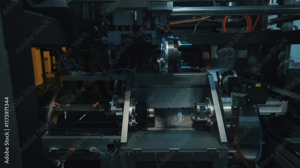 The complex mechanical assembly of a high-tech machine. An example of automation and precision engineering. The complex mechanical assembly of a high-tech machine. An example of automation and precision engineering.