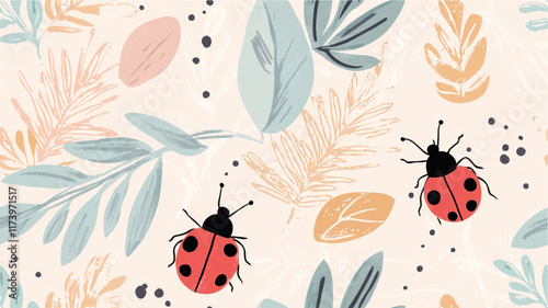 Pastel seamless pattern Ladybugs on minimalistic plants in illustration