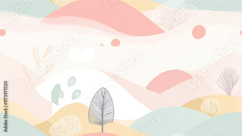 Pastel seamless pattern of minimalist snails in serene landscape
