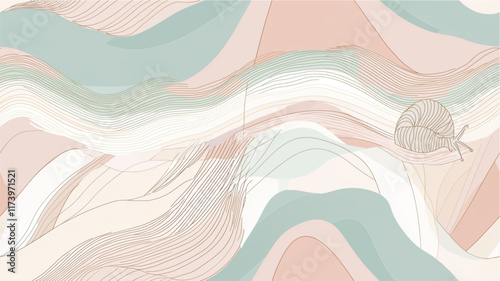 Pastel seamless pattern of minimalist snails in serene landscape