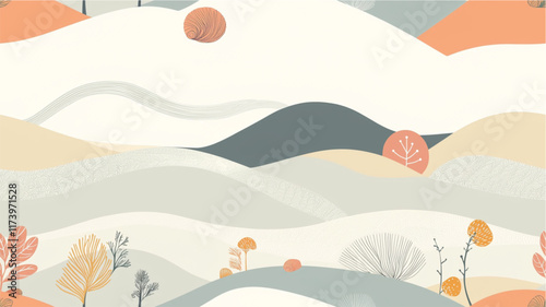 Pastel seamless pattern of minimalist snails in serene landscape
