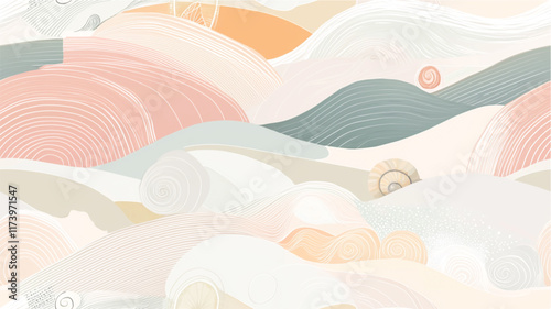 Pastel seamless pattern of minimalist snails in serene landscape