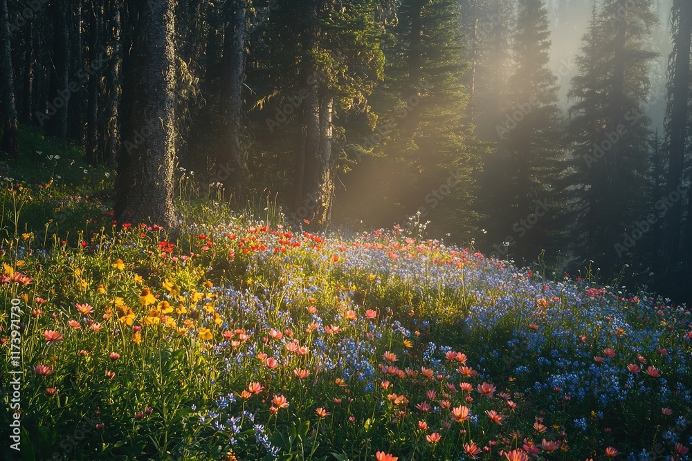 Fototapeta premium Sunlit meadow adorned with vibrant flowers, surrounded by tall t
