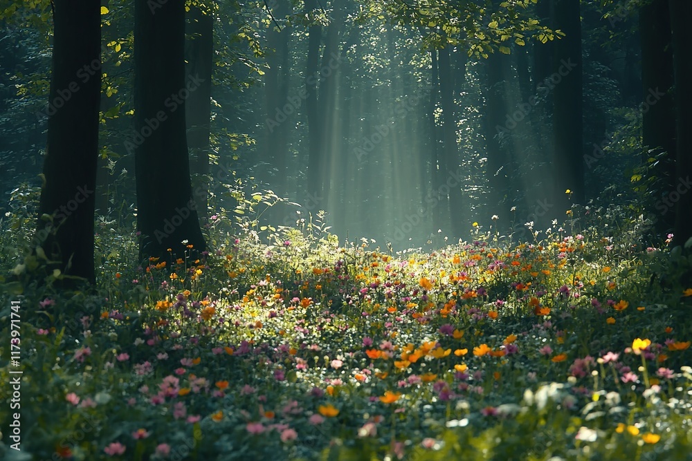 Obraz premium Sunlight filters through trees, illuminating vibrant forest floo