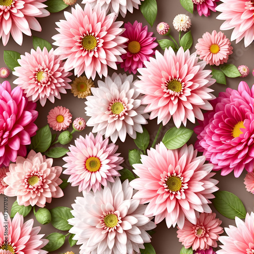 3D flowers, chrysanthemums, peonies, seamless pattern, background. photo