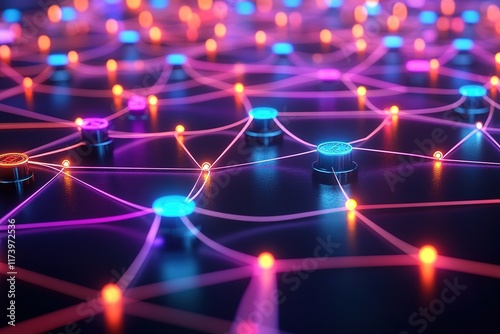 Colorful digital network with glowing nodes and interconnected l photo