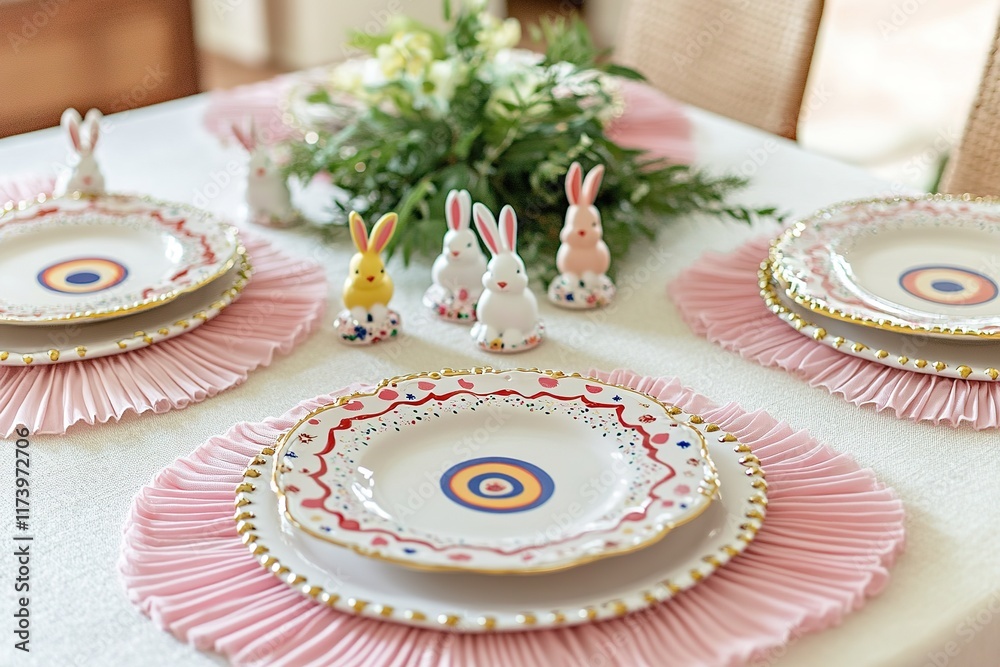 Fototapeta premium Elegant table setting features colorful plates and charming bunn