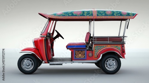 A vibrant red auto rickshaw with traditional Thai decorations. Ideal for scenes depicting Southeast Asian street life or tourism.