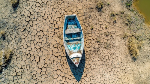 Abandoned boat rests on cracked earth, highlighting nature's sta photo