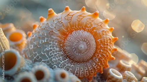 A close-up of intricately designed seashells with a soft, dreamy background. photo