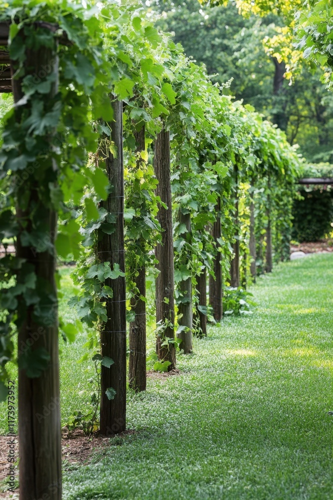 Fototapeta premium Support structures for vining plants showcasing careful cultivation in a lush garden setting during the growing season