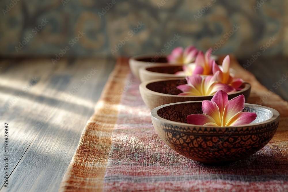 Elegant bowls with pink flowers arranged on textured tablecloth Elegant bowls with pink flowers arranged on textured tablecloth