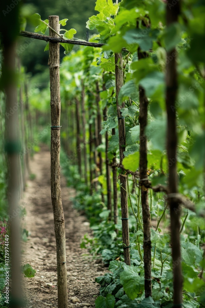 Trellises and stakes support vining plants in a well-maintained garden during the growing season Trellises and stakes support vining plants in a well-maintained garden during the growing season