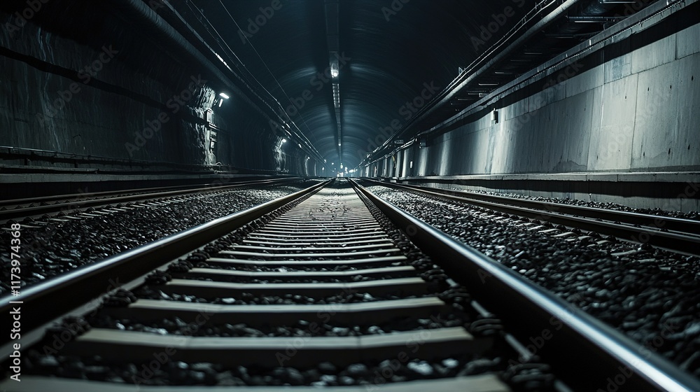 Fototapeta premium Dark, atmospheric tunnel with illuminated tracks creating sense