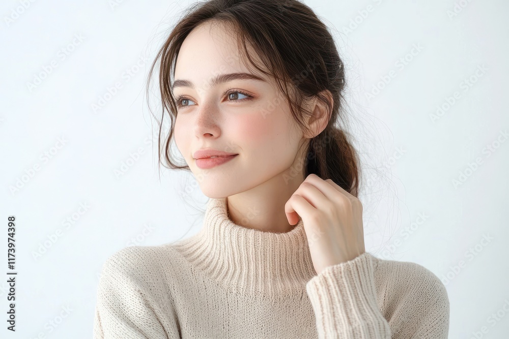 Beauty Portrait of a Woman in Pastel Sweater with Natural Light and Serene Expression Beauty Portrait of a Woman in Pastel Sweater with Natural Light and Serene Expression