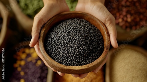 Hands holding a wooden bowl of black mustard seeds.
