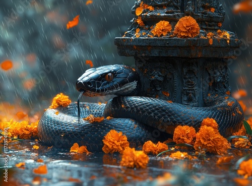 Illustration of Majestic Black Cobra Coiled Around Stone Shrine for Nag Panchami with Lingam photo