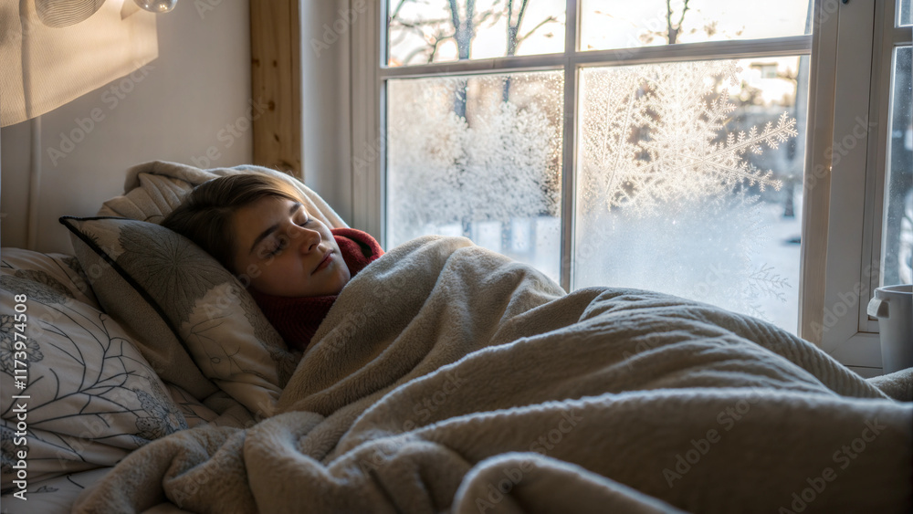 Woman resting under warm blanket on couch with frosty window view during winter day Woman resting under warm blanket on couch with frosty window view during winter day